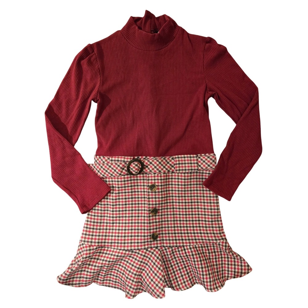 Mayoral Girls Red Ribbed Mock Neck Houndstooth Belted Dress‎ Size 8 128cm